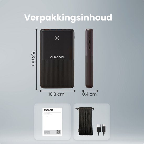 Auronic Powerbank 30 000 mAh - Charge rapide 22,5 W via USB-C, USB-A, Micro-USB - Câble inclus - Universel - Charge rapide - Pack d'urgence - Noir