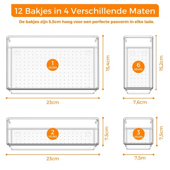 Posity Organisateur de tiroirs - 12 pièces - Plateaux d'organisation - Plateaux de tiroirs - Plateaux de stockage - Organisateur de maquillage - Pour la cuisine, la salle de bain et le bureau - Plastique - Transparent