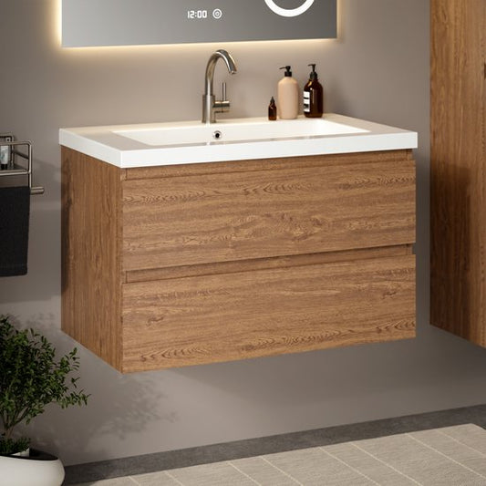 Mirlux Meuble de salle de bains Chêne chaud 80 cm - Lavabo Blanc - Ensemble de meubles de salle de bains - Meuble lavabo Chêne chaud