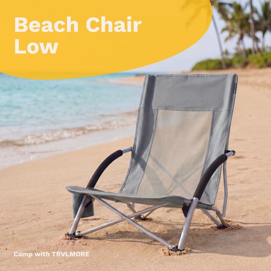 TRVLMORE Chaise de plage - pliable et démontable - capacité de charge de 120 kg - légère - avec sac de transport et porte-gobelet - grise