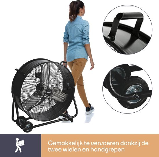 Perel Ventilateur de sol, Ø 75 cm, ventilateur de tambour, ventilateur de sol sur pied avec tambour, mobile, industriel, 2 vitesses, métal, noir, intérieur/extérieur, 35.5 kg