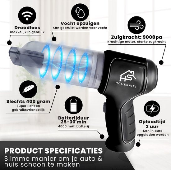 HomeShift® Aspirateur de voiture sans fil V2 - Aspirateur à miettes - Aspirateur à main - Petit aspirateur - Aspirateur sans fil - Air Duster - Wet & Dry - Noir