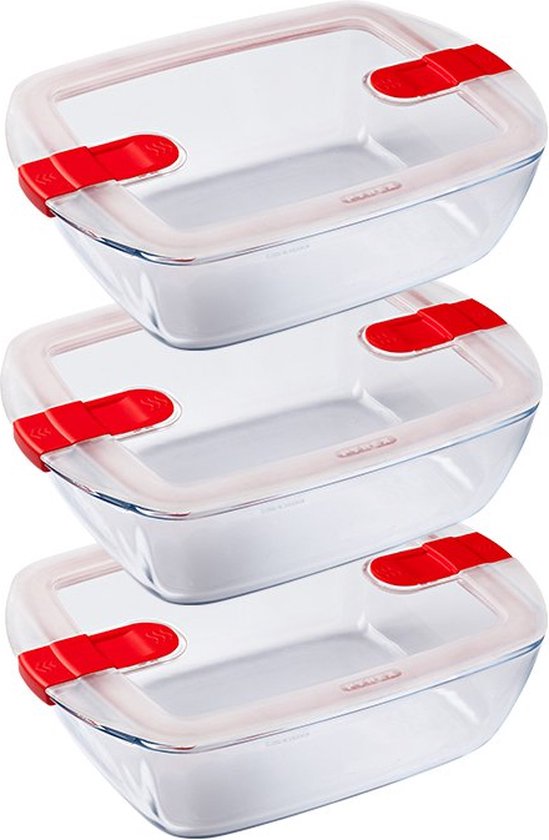 Pyrex - Cook & Heat Bowl Square 1 litre Set of 3 Pieces - Transparent/Rouge