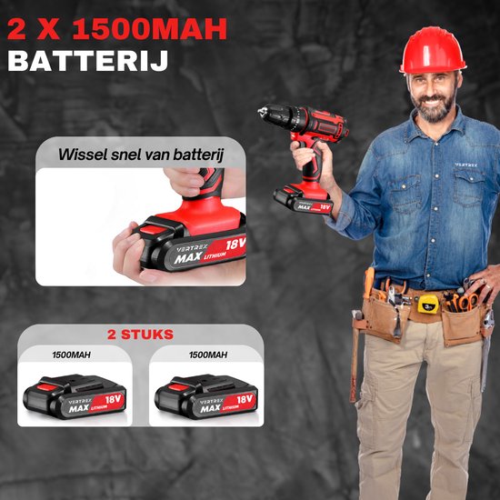 VERTREX Accu Screwdriver 18V - Perceuses sans fil - Perceuses sans fil - Perceuses - 2 batteries incluses