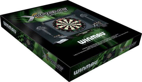 WINMAU - Jeu de fléchettes professionnel avec plateau de fléchettes Diamond Plus Bristle, cabinet noir, avec 2 jeux de fléchettes et ligne d'oche officielle