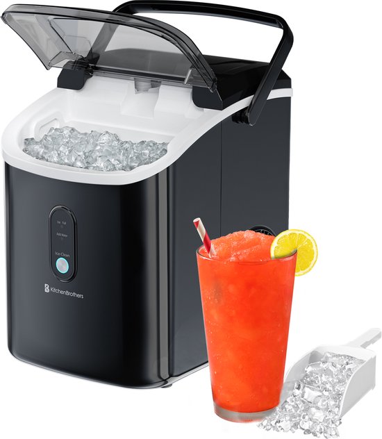 KitchenBrothers Nugget Ice Cube Maker - 1.1L - Machine à glace pilée avec pelle à glace - Portable - 15kg/24 heures - Noir