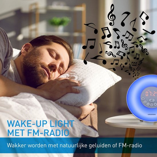 Réveil lumineux - Grundig - avec radio FM - Réveil lumière avec simulation lever de soleil - Réveil Numérique - 10 sons naturels