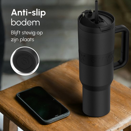 ONYX Bouteille à boire avec paille 1,2 litre - Bouteille d'eau pour enfants et adultes - Tasse thermos - Tasse de voyage - Buveur motivé - Tasse à boire pour l'école - Noir