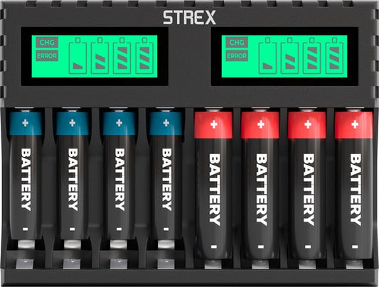 Strex Battery Charger - 8x AA/AAA Batteries - USB Rechargeable - Ecran LCD - Chargeur universel pour piles rechargeables