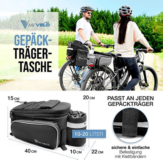 MIVELO - Sacoche de transport - sac à bagages vélo - extensible jusqu'à 20 l - résistant à l'eau - 20 l noir
