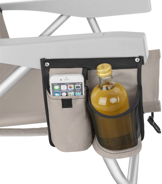 tectake® Beach Chair Coral - Chaise de camping pliable avec sac isotherme et sac de rangement - Dossier réglable en 5 sens avec coussin de tête - Accoudoirs larges avec porte-gobelet / porte-téléphone - Chaise de camping pliable - Beige