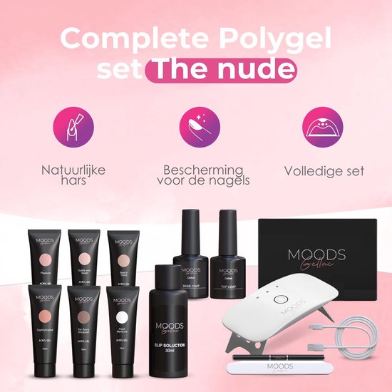 Moods Gellac - Luxury Polygel Set - Polygel Nails Starter Pack - Inclut une lampe UV LED - 6 couleurs - The Nude