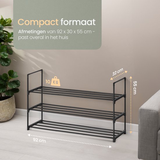 O'DADDY® Shoe Rack 3 Layers - Rack à chaussures - Système de rangement de chaussures - Armoire à chaussures - Rack à chaussures - Armoire à chaussures - Rack de rangement pour 12 à 15 paires de chaussures - Métal noir