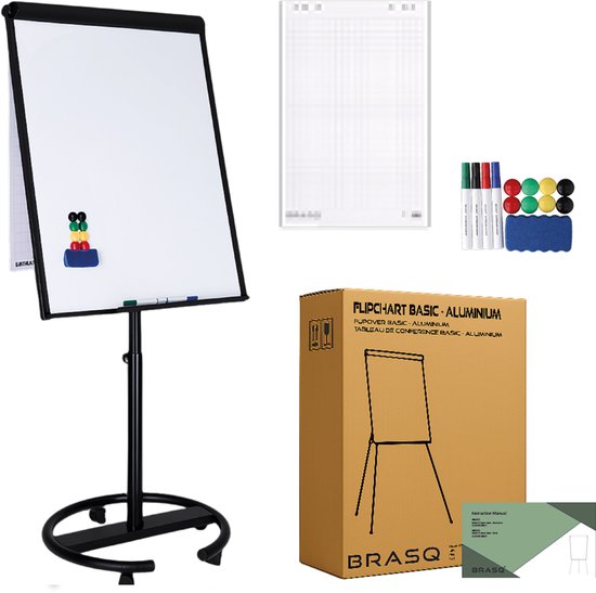 BRASQ Flipchart Mobile Deluxe -70x100 cm - Tableau blanc ajustable - 25 feuilles de papier et accessoires inclus - avec bras extensibles - Tableau magnétique avec crochets - Tableau magnétique - Noir