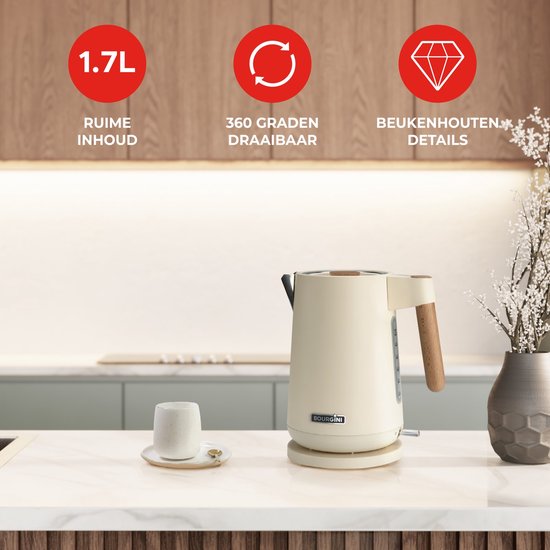Bourgini Harmony - Bouilloire - acier inoxydable - Crème avec éléments en hêtre véritable - 1.7L - Light design