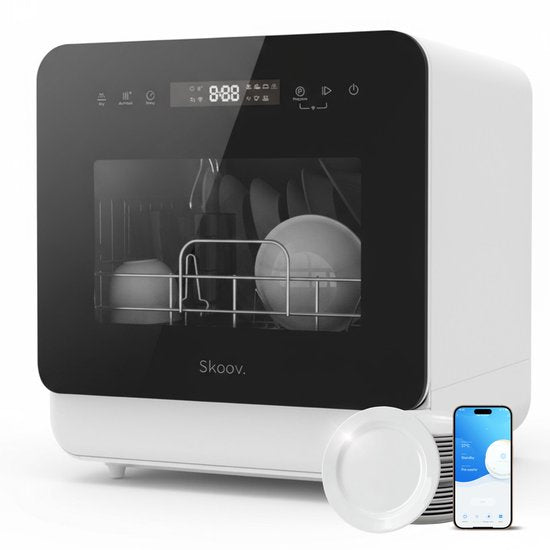 Skoov Mini lave-vaisselle avec réservoir d'eau - 5 couverts - 6 programmes de lavage - 45cm - Petit lave-vaisselle étroit à poser - Camping - Blanc