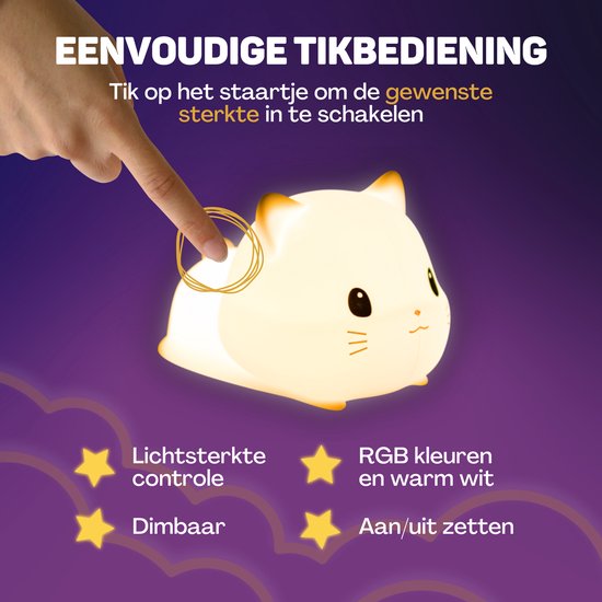 Vulpes Goods® Veilleuse pour enfants - Lumière LED et 8 couleurs - Veilleuse pour chambre de bébé - Chat - Rechargeable par USB - Variateur - Minuteur - Sans fil - Adapté aux enfants