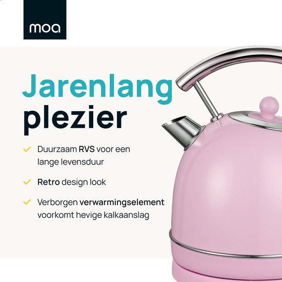 MOA Kettle Retro - 1,8 litre - Bouilloire électrique - Filtre anti-calcaire - sans BPA - acier inoxydable - 2200W - rose pastel