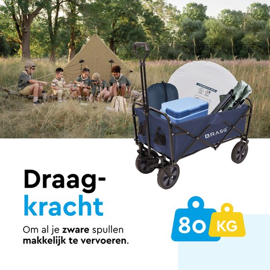 BRASQ Chariot pliable - 100 litres - Capacité 80 KG - Roues pivotantes avec frein - 90x51x100 CM - Poignée réglable - Chariot pliable - Compact - Bleu