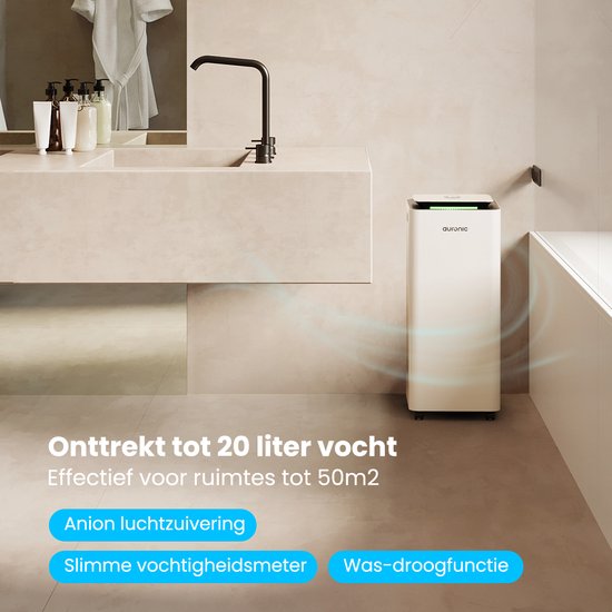Déshumidificateur et purificateur d'air Auronic - Pro Series - 20L par jour - Fonction Wash-dry - Chambre à coucher, salle de bains et salon - Blanc