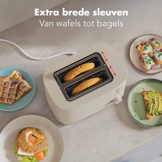 Grille pain - KitchenBrothers - Toaster - 6 niveaux de chaleur - 2 fentes extra-larges - 870W - Beige