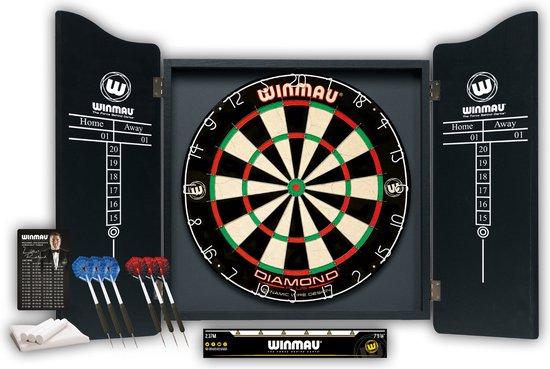 WINMAU - Jeu de fléchettes professionnel avec plateau de fléchettes Diamond Plus Bristle, cabinet noir, avec 2 jeux de fléchettes et ligne d'oche officielle