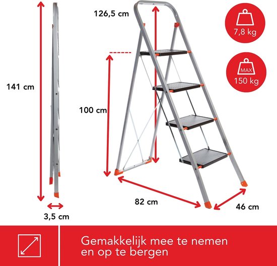 Escabeau Toolland Stepix, 4 marches, pliable, échelle de maison avec poignée haute, pieds antidérapants et marche antidérapante sur les deux marches, revêtement époxy, métal, capacité de charge jusqu'à 150 kg