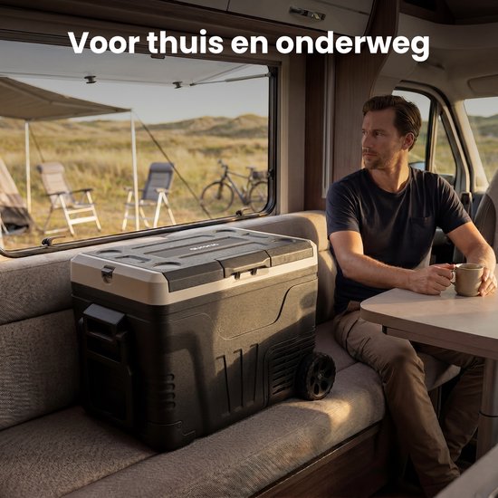 Auronic Electric Cool Box - Compresseur - 2 Zones - 45L - 12/24V et 240V - Réfrigération et congélation - Réfrigérateur de camping - Frigobox Auto - Avec roues et poignée - Noir