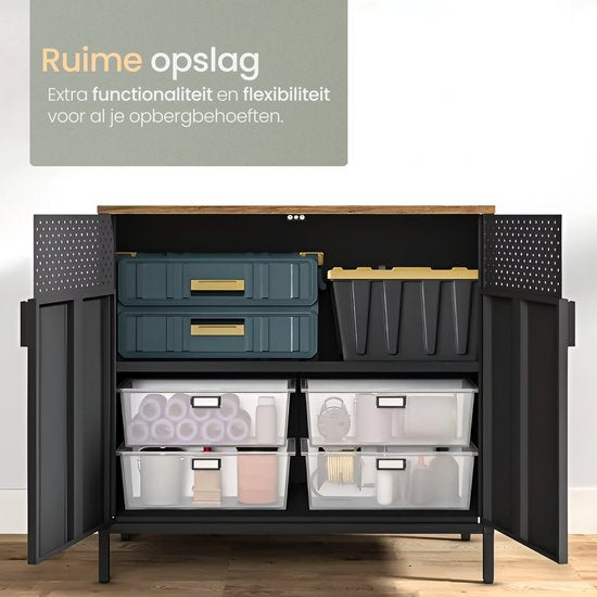 O'DADDY® Meuble de rangement en métal avec portes - Meuble TV - Nombreux rangements et flexibilité - Meuble TV - Buffet - Meuble de rangement intérieur - 80 cm - Noir/Marron vintage