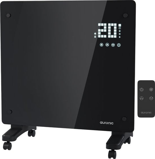 Auronic Electric Heater - Convector Heater with Thermostat and Remote Control - Glass Panel Heater - 1000W Heater - Black