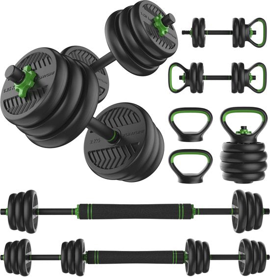 Ensemble d'haltères Tunturi et haltères Vinyl 20 kg - Ensemble d'haltères avec Kettlebell et Barbell - Supports de pompes - Fermeture à vis 30 mm - Poignée antidérapante