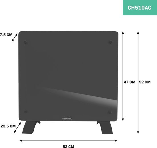 Chauffage électrique de luxe VONROC - Convecteur avec panneau en verre - 500W/1000W - Chauffe les pièces jusqu'à 12m2 - Contrôlé par l'application (via Wifi) et manuellement - Thermostat et minuterie réglables - Gris