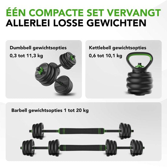 Ensemble d'haltères Tunturi et haltères Vinyl 20 kg - Ensemble d'haltères avec Kettlebell et Barbell - Supports de pompes - Fermeture à vis 30 mm - Poignée antidérapante