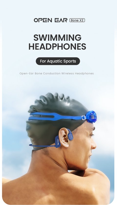 OPENAIR Bone x2 - Casque de natation étanche avec lecteur MP3 32GB et Bluetooth 5.2 - Casque de sport à conduction osseuse - étanche IPX8 - Casque de natation sans fil pour la natation, la course à pied et le fitness