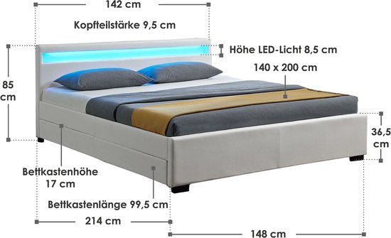 Lit capitonné Lyon - 140 x 200 cm - Blanc - LED Lighting & Bed drawers
