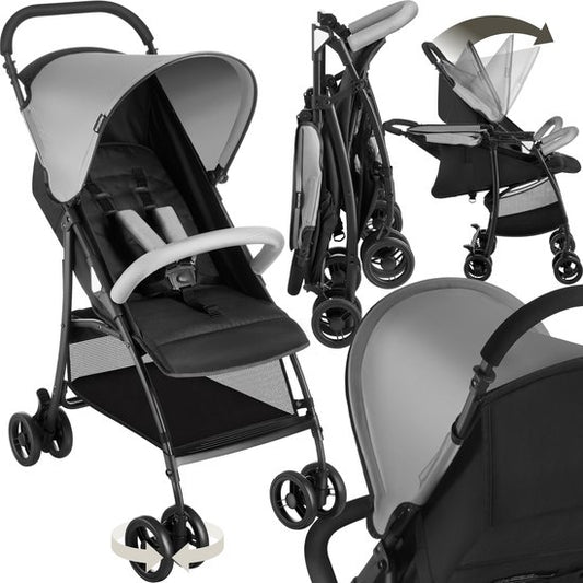 tectake® Buggy - Poussette - Pliable, harnais 5 points, dossier et repose-jambes réglables - Avec frein, roues à roulement souple - Panier de rangement pratique - Noir/gris