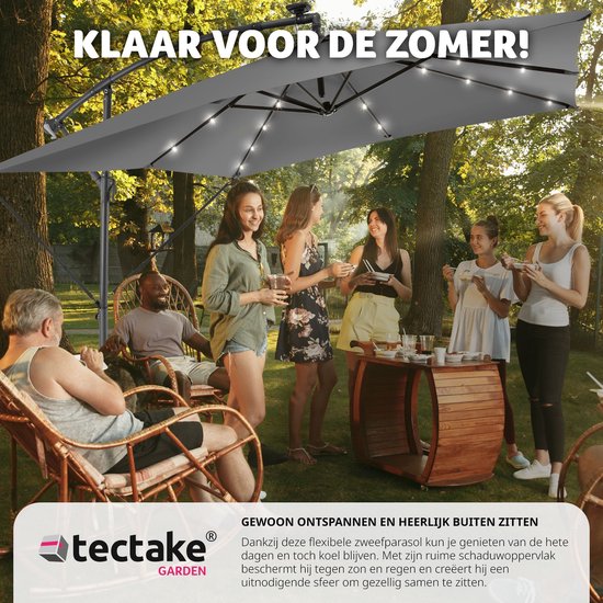 tectake® Parasol rectangulaire - Avec éclairage solaire LED - Housse de protection incluse - Parasol flottant - Protection solaire terrasse, jardin - Parasol de balcon - Grand parasol - 250x300cm - Gris
