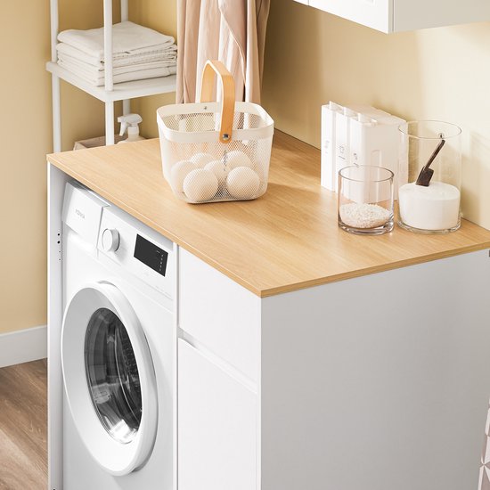 SoBuy Armoire pour lave-linge - armoire de salle de bain avec panier à linge et tiroir, pour lave-linge et sèche-linge, armoire pour lave-linge en bois, blanc, 100 x 60 x 90 cm, BZR217-WN