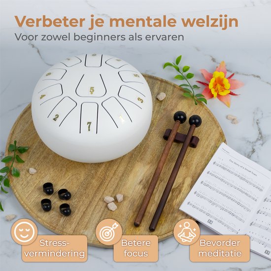 Nuvance - Handpan - Livret de cours, doigtiers et sac de rangement inclus - Tambour de langue - Tambour de handpan - Tambour de langue en acier - Blanc