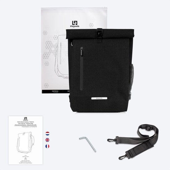 Sac à bandoulière et sac à dos LifeGoods Compact - 25L - Porte-bagages ronds - Imperméable - Noir