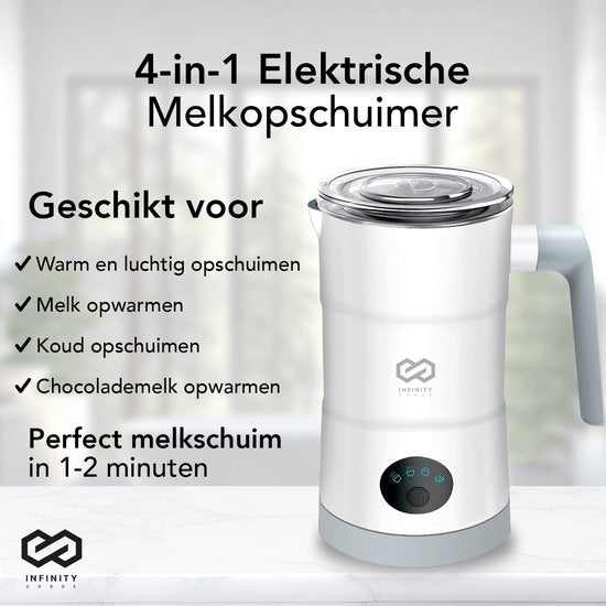 Infinity Goods Mousseur à lait électrique 4 en 1 - 350 ml - Mousse et chauffe - Cappuccino - Lavable au lave-vaisselle - Blanc