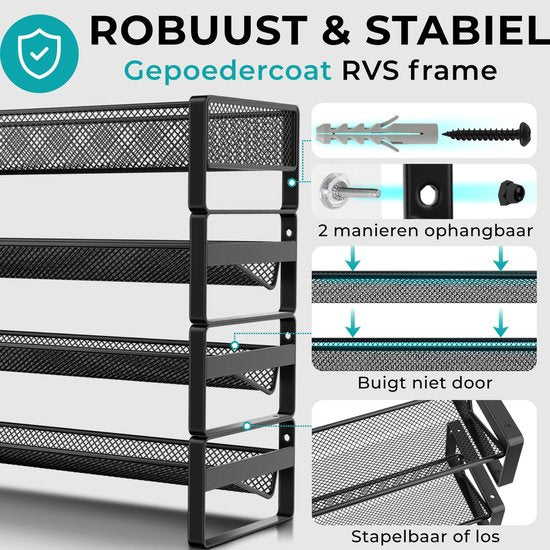 Soothe Spice Rack Standing and Hanging for 40 Spice Jars - 4 Layers - Spice Organiser - Spice Rack - Noir