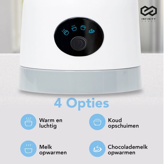Infinity Goods Mousseur à lait électrique 4 en 1 - 350 ml - Mousse et chauffe - Cappuccino - Lavable au lave-vaisselle - Blanc