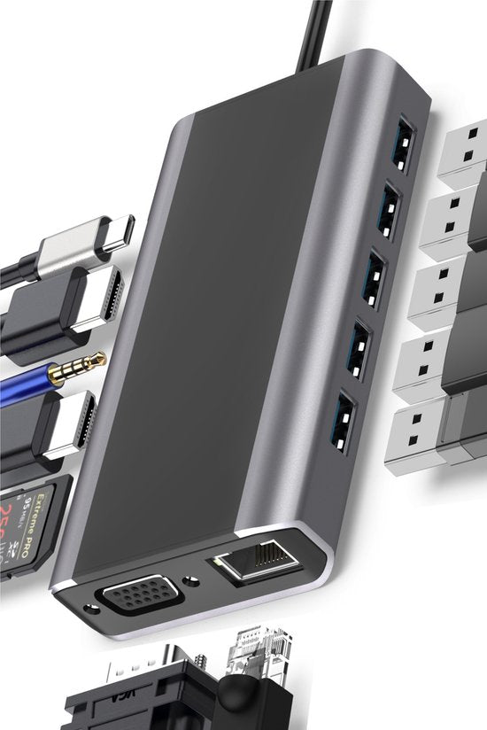 Nuvance - 13 in 1 Docking Station Laptop - USB C Hub - USB Splitter - USB Hub 3.0 - HDMI, VGA, Network, AUX et TF/SD - Docking station