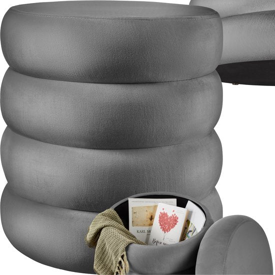 tectake® Tabouret avec rangement - Tabouret scandinave en tissu velours - Tabouret rond rembourré pour coiffeuse, chambre, salon ou comme meuble d'entrée - Tabouret de rangement - gris