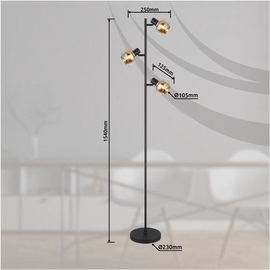 Lampadaire TOKKI Verre 154.0cm Noir mat | fumé E14 3-Light