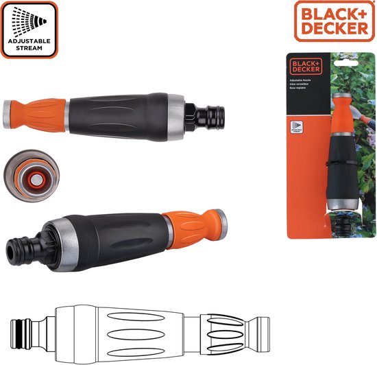 BLACK+DECKER Buse réglable - Pistolet d'arrosage pour tuyau d'arrosage - Débit d'eau réglable - 12 x 3.5 x 3.5 CM - Orange/Noir