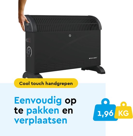 BRASQ Radiateur convecteur électrique - Thermostat réglable - Radiateur électrique - 750/1250/2000 watts - Chauffage - Noir