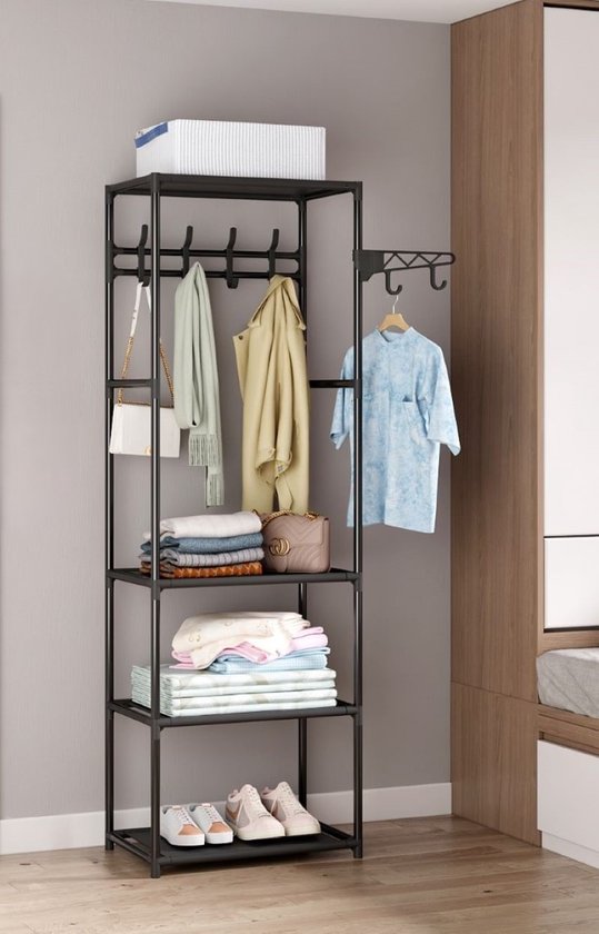 Ceruzo Porte-manteau avec 3 étagères - 55 x 36 x 170 cm- Métal - Porte-manteau - Crochets de suspension- Noir
