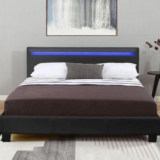 Lit capitonné Verona - Eclairage LED avec télécommande - 16 couleur différentes - 120 x 200 cm - Noir